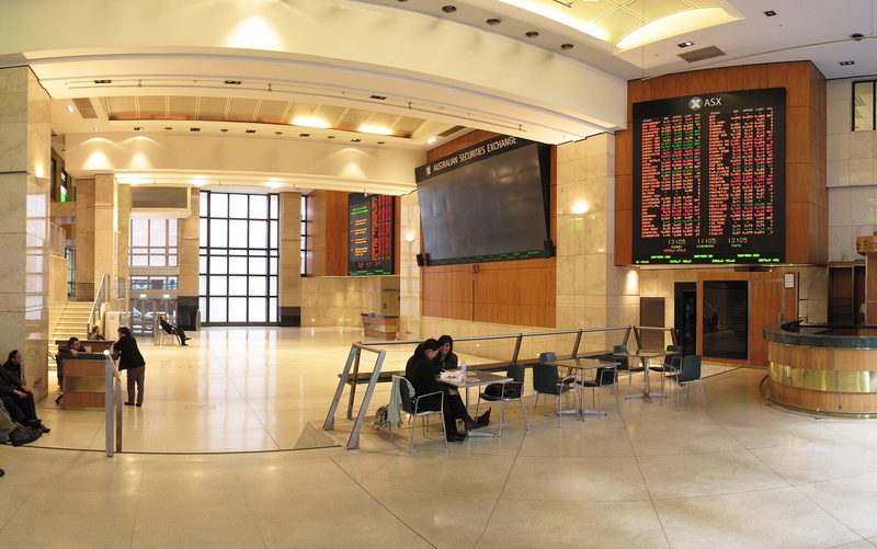 The entrance hall of the Australian Securities Exchange in Sydney, with price boards