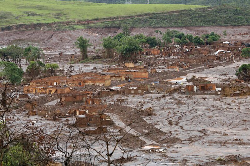 The village of Bento Rodrigues in Mariana, Brazil, buried in mud after the Fundão dam failed in November 2015