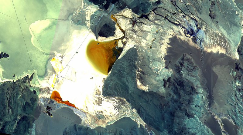 Satellite view of lithium brine ponds at the Salar del Hombre Muerto in Argentina
