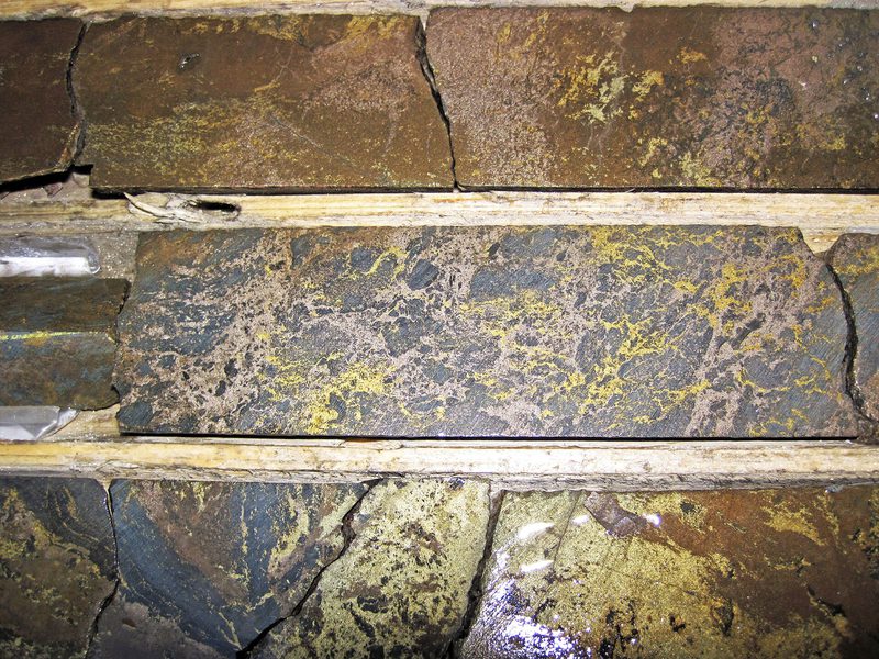 A box of drill core from the Potter mine in Ontario